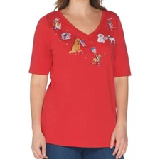 Quacker Factory Size 1X Red American Dog Embroidered Elbow Sleeve T-Shirt