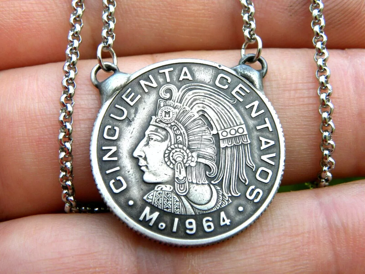 Authentic Cincuenta Mexican Aztec Warrior coin necklace pendant
