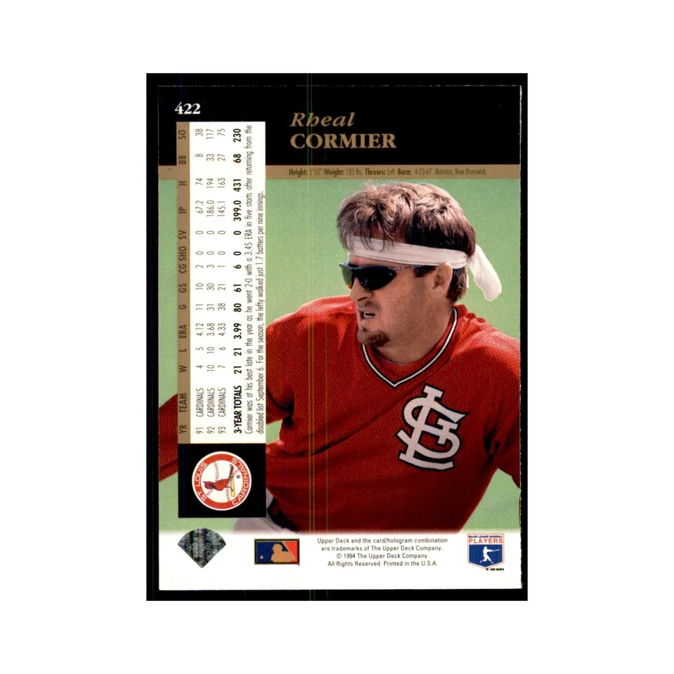 1994 Upper Deck Rheal Cormier Cardinals #422 - Image 2 of 3