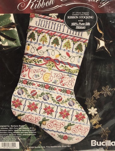 Vintage Bucilla Band Sampler Stocking Counted Cross Stitch Kit NOS SEALED 1995 - Bild 2 von 2