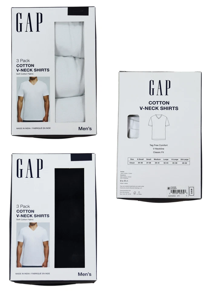 Paquete de 3 camisetas interiores GAP 100 % algodón cuello en V ropa interior para hombre nuevas en paquete Elige color
