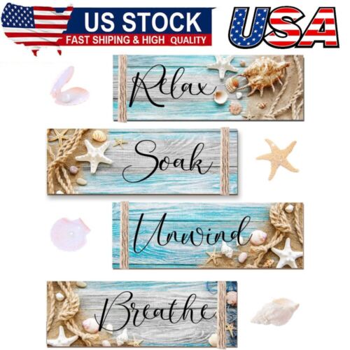 4x Ocean Beach Wood Relax Soak Unwind Breathe Art Sign Hanging Wooden for Decor