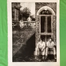 RELAXED FIGURES, PERSPECTIVE, etching, nostalgia, architecture, original art