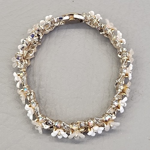 Vintage Art Flower Bracelet AB Rhinestones White Gold Tone Arthur Pepper 6.75" - Picture 4 of 18