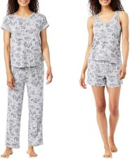 Womens Lucky Brand 4 PC PJ Pajamas Set Navy Gray Denim Floral Small S
