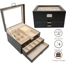 3-Layer Jewelry Organizer with Glass Lid 2 Drawers Jewelry Storag Box for Women