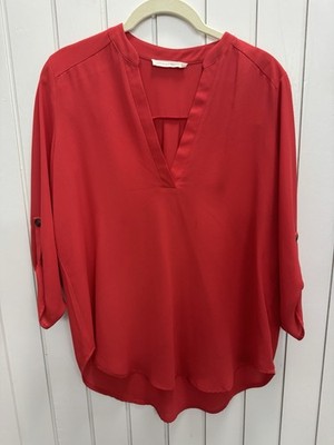 Lush Red Woven V-Neck Roll Tab 3/4 Sleeve Pullover Blouse Women's S