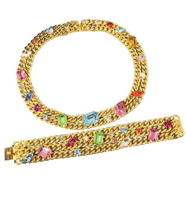 Vintage Bijoux Hardware Jewelled Crysyal Goldtone Necklace Bracelet Suite