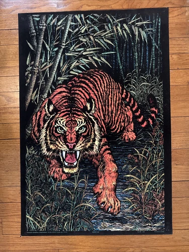 Vintage 1970s Jungle Cat Flocked Black Light Poster Tiger Western Graphics Fuzzy - Picture 1 of 6