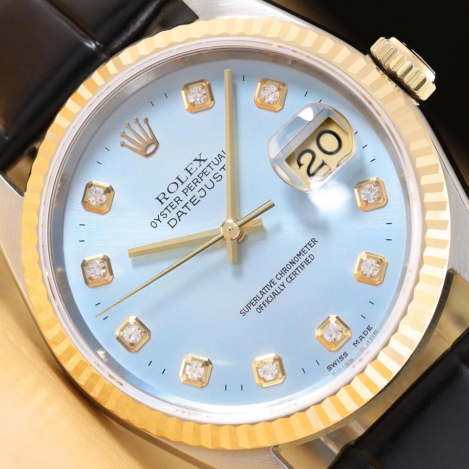 ROLEX DATEJUST 16233 ICE BLUE DIAMOND 18K GOLD STEEL WATCH w/ BLACK LEATHER BAND