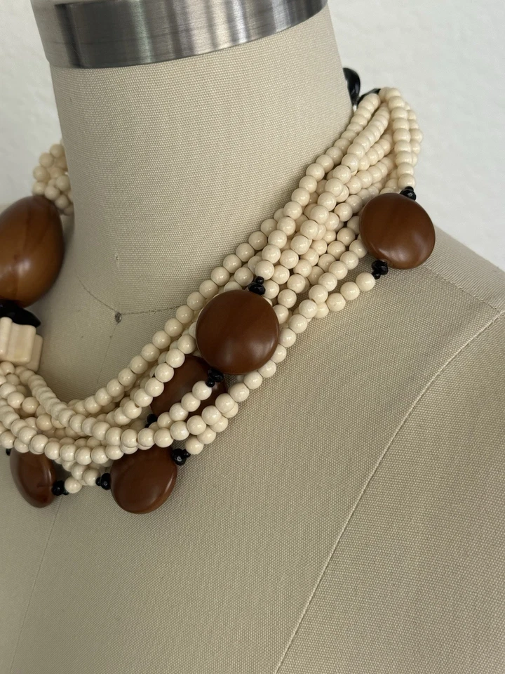 Collar Multihilo Estilo Angela Caputi Vintage Crema, Marrón y Negro Años 80-90 Foto 3 de 4