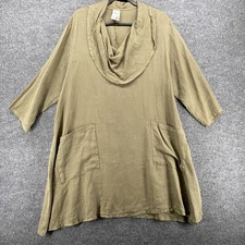 Match Point Linen Tunic Womens XL Green Cowl Neck Pullover Lagenlook Hobo Hippie