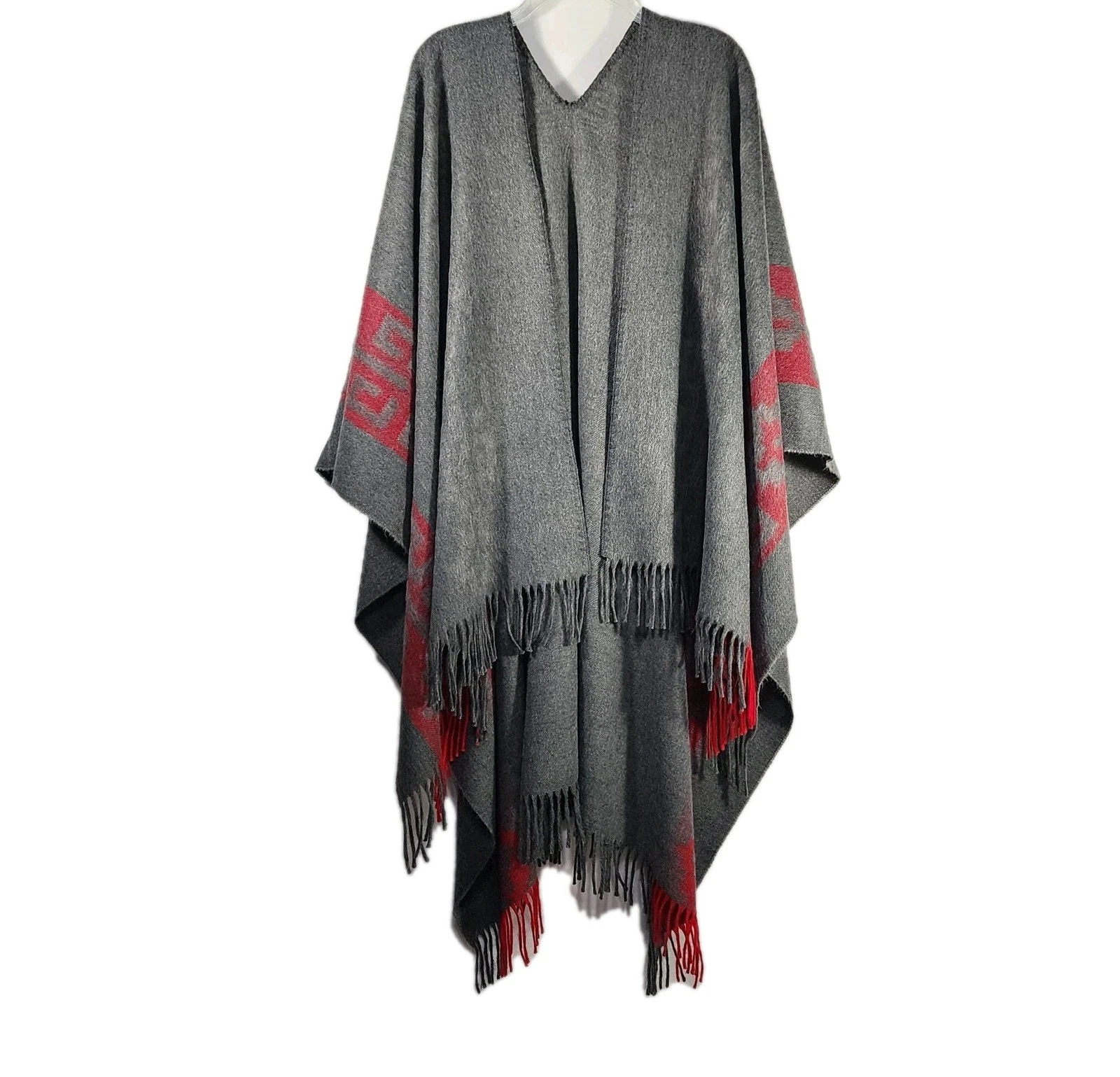 Poncho Shawl Jacket Gray Red One Size Aztec Southwestern Cowgirl Bohemian