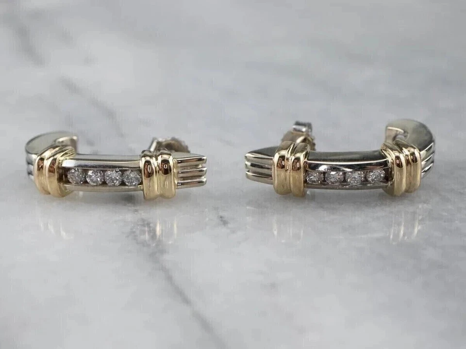 14K Two-Tone Gold Plated 0.50Ct Round Simulated Diamond Huggie Hoop Earrings - Image 2 of 4