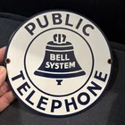 Vintage 7” Round Bell System Public Telephone Sign   Porcelain