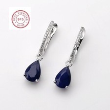 5.05 ctw Natural Blue 7x10mm Each Sapphire Drop Earrings 925 Sterling Silver