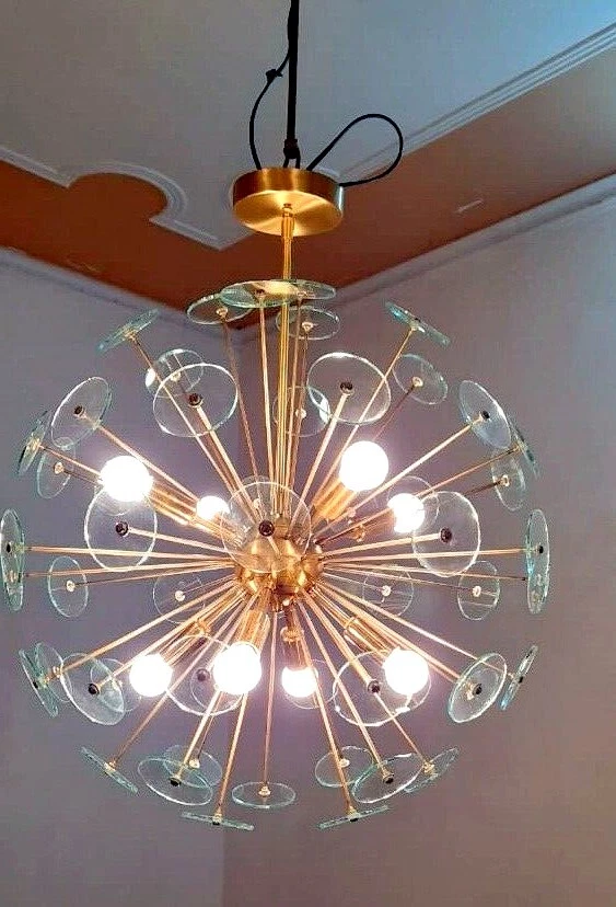 Mid Century 8 light Brass chandelier sea urchin crystal design chandelier - Image 2 of 4