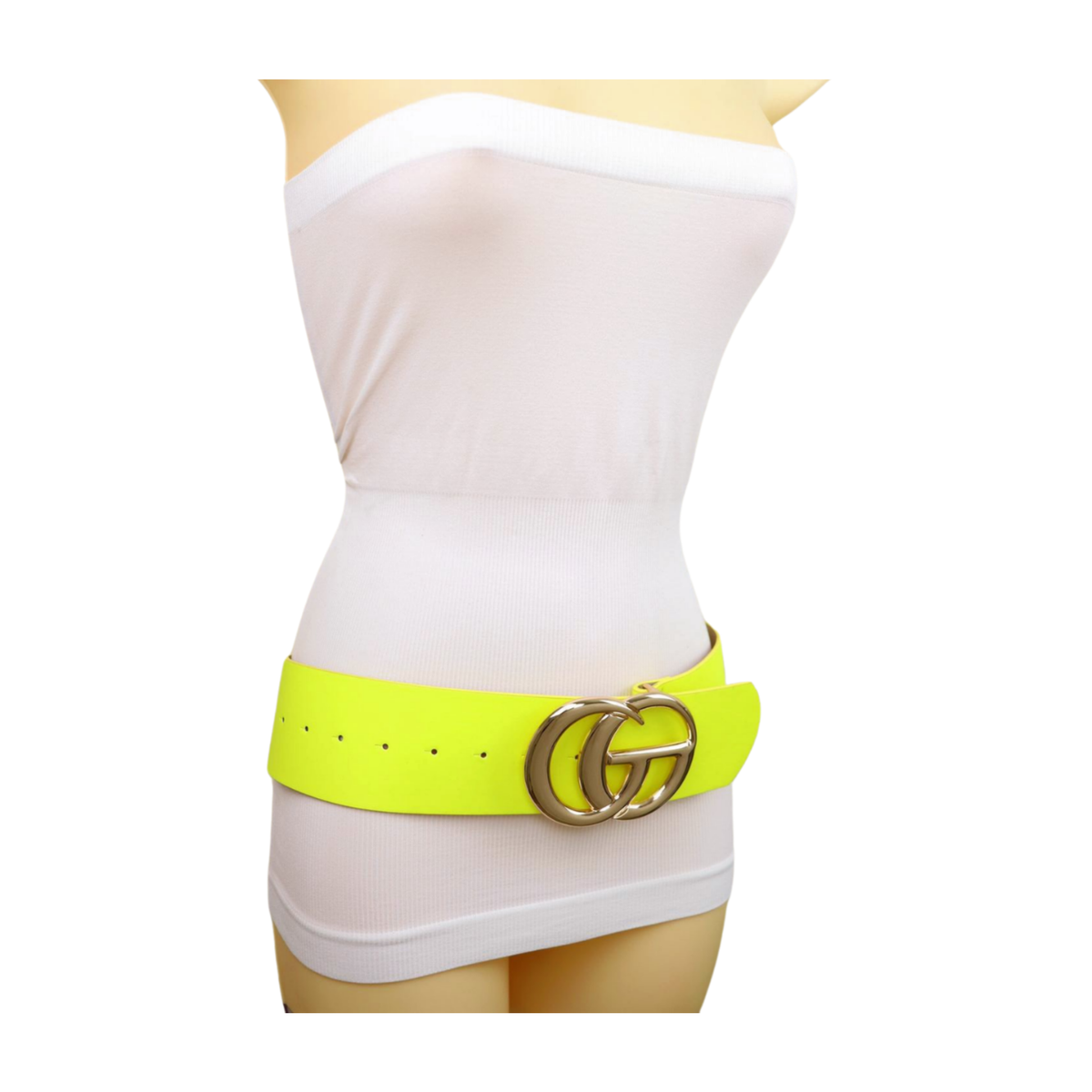 Women Neon Yellow Wide Faux Leather Hip Waist Belt Gold 