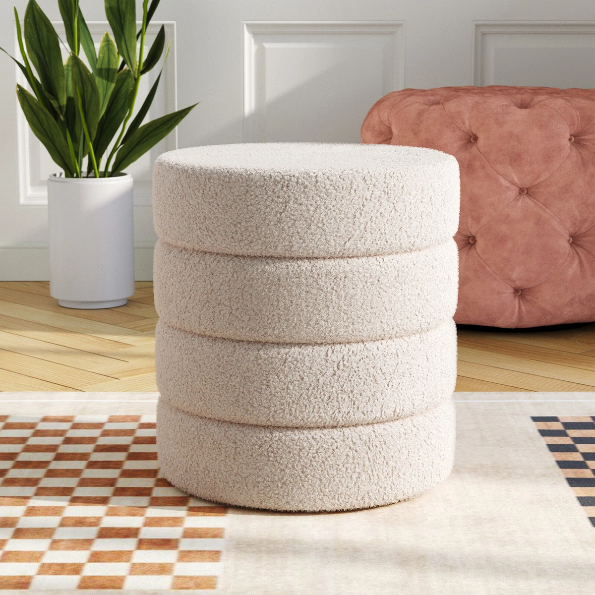 Round Pouffe Stool Fluffy Upholstered Seat Footstool Chair Living
