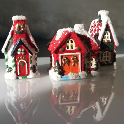 Xmas Village Votive Candles House set Porcelain Ceramic DANSON Holders Lot of 3