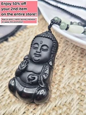Jade Obsidian Buddha Charm Pendant Necklace Beads Cord Handmade Carved Gemstone