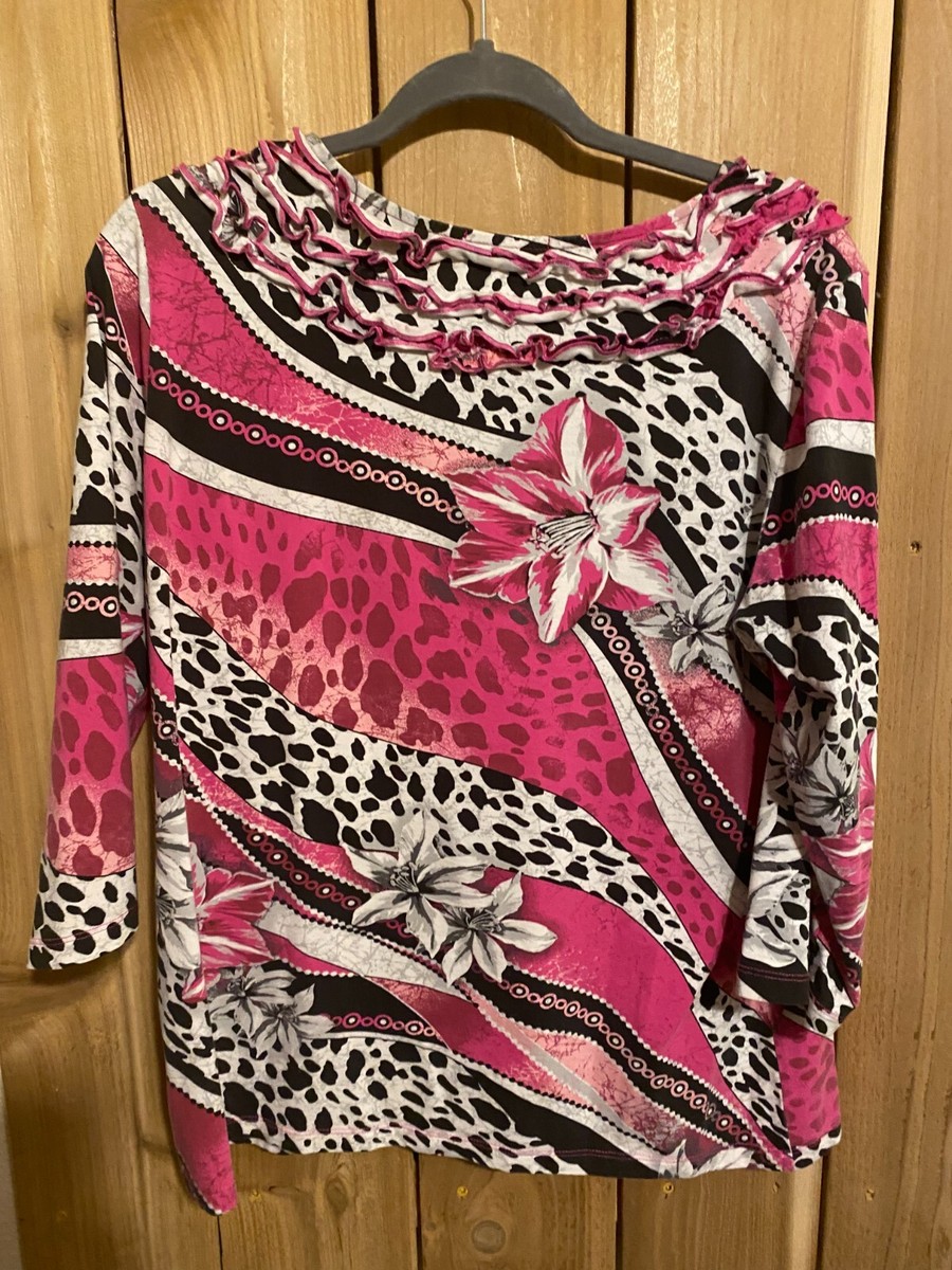 City Girl Pink/Black Floral Ruffled 3/4 Sleeve top size L | eBay