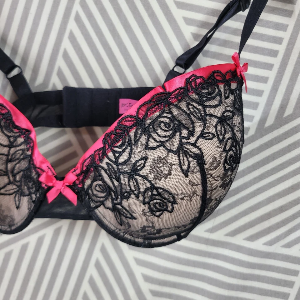 Betsey Johnson Lace Bra Size 32DD Black Pink Lace Padded Push Up Underwire Alt - Image 2 of 4