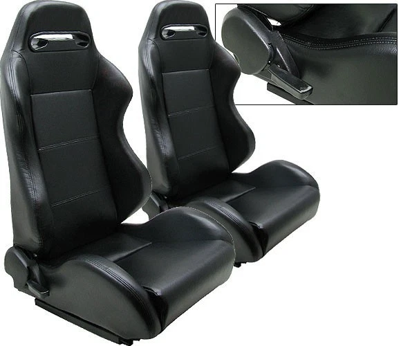Pair Black PVC Leather Racing Seats W/ Blue Stitch - Reclining + Sliders Included (Universal Fit)