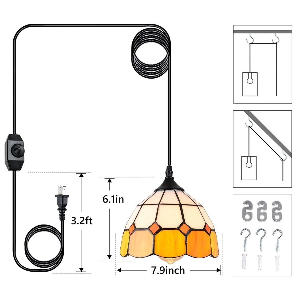 Tiffany Hanging Pendant Light - Dimmable Mini Plug in Light Fixture, Perfect ... - Image 4 of 4