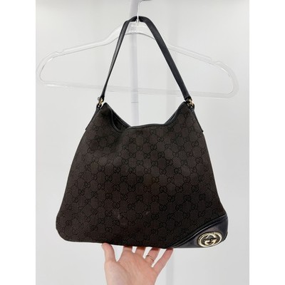 Gucci Black GG Monogram Canvas Leather Shoulder Hobo Bag Purse Vintage Handbag