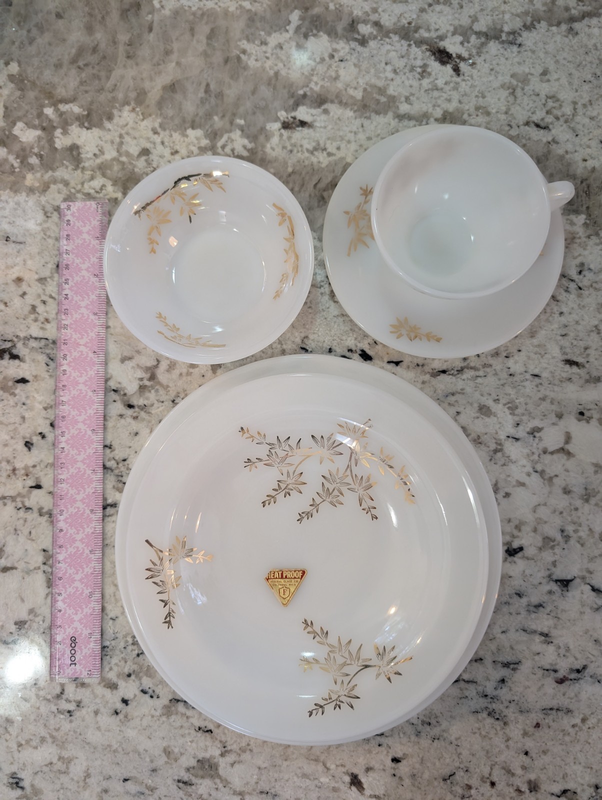 Federal Milk Glass Golden Glory 5pc Place Setting Mid Century Heat Resistant