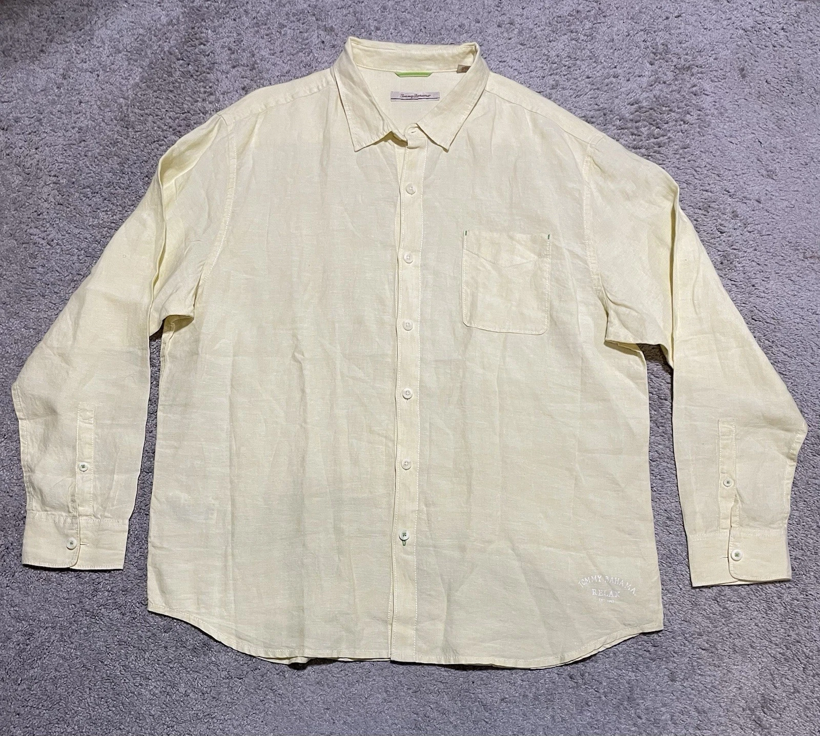 Tommy Bahama Relax Shirt Yellow Solid 100% Linen Casual Button Men’s 2XL