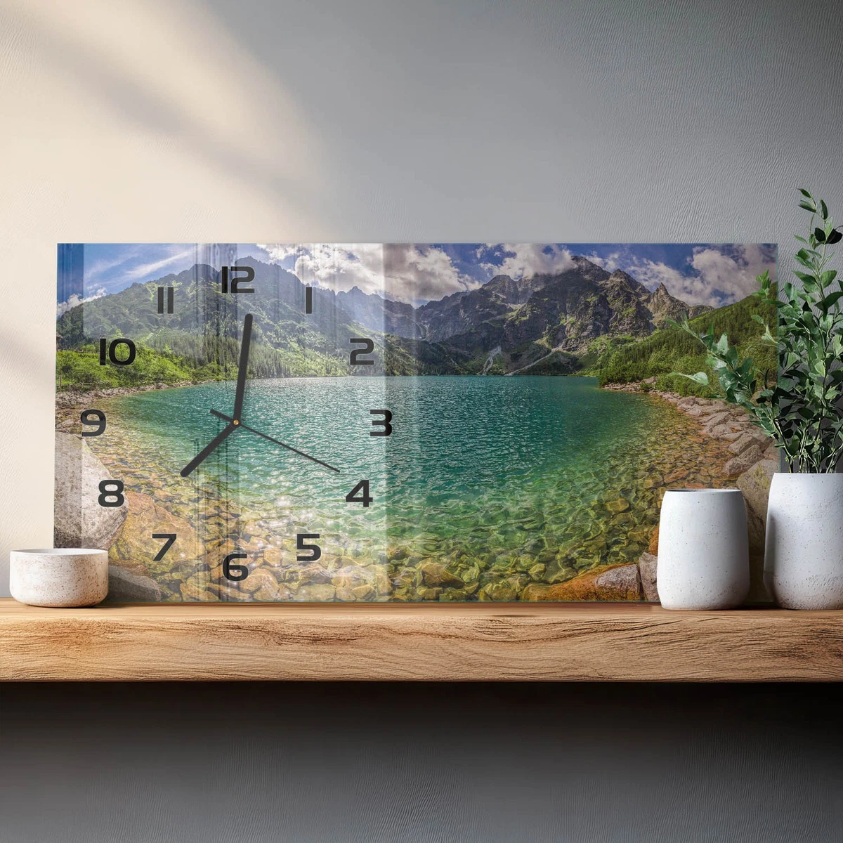 Reloj de Pared Rectangular Vidrio Templado Premium Lago en las Montañas 60x30 cm