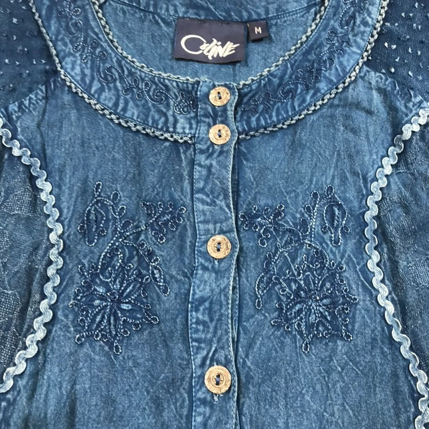 Vintage Whimsigoth Dress M Indigo Blue Fairy Button Front Cottage Lace Tie Back - Image 4 of 4