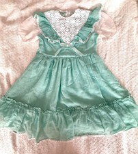 Vintage 60  s Girls Party Dress 6X Mint green Prairie Cottagecore Lace Bib