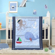 Crib Bedding Sets for Boys, 3 Piece Whale Crib Comforter Bed Set Sea Crib Bed...