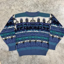 Vintage Saturdays Sweater Mens Medium Blue Teal Acrylic Knit Pattern Retro 80s