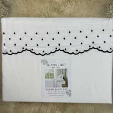 Rachel Ashwell Embroidered Scallop Dot Hem QUEEN Sheets White Navy 100% Cotton