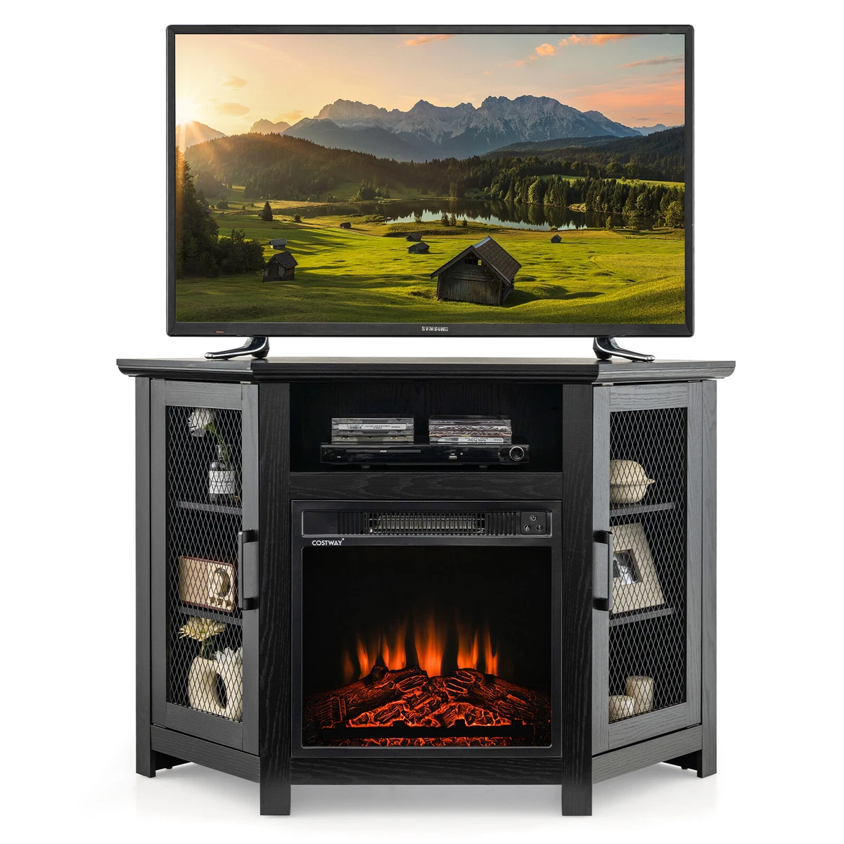 Black corner electric cheap fireplace tv stand