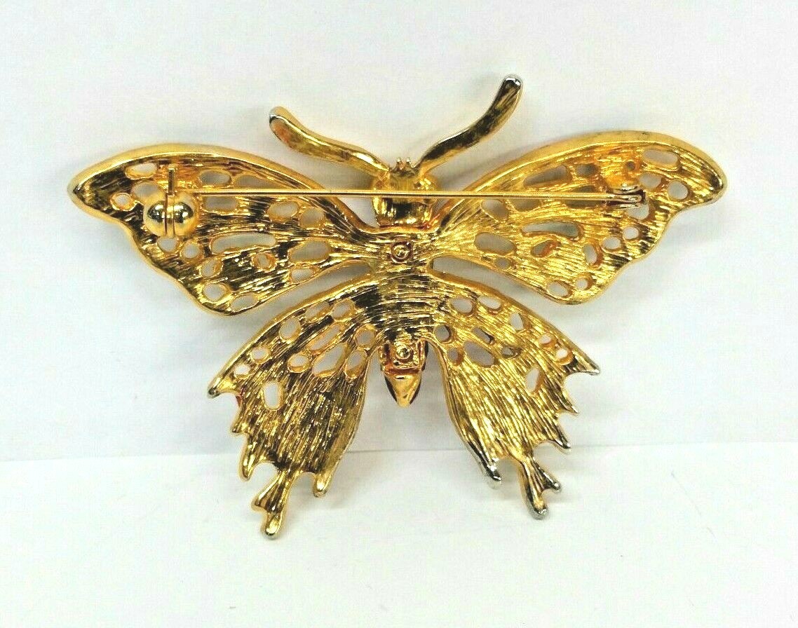 Butterfly Fashion Gold tone brooches, Enamel, Rhinstone and Butterfly Fashion Gold tone brooches, Enamel, Rhinstone and
