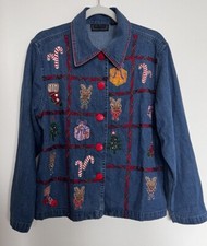 Life Style Sz M Denim Jean Jacket Embroidered Christmas Beaded Design
