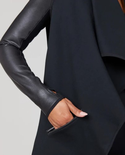SPANX Jacke mit drapierter Vorderseite schwarz Ponte Kunstleder Größe XS neu mit Etikett - Bild 3 von 20