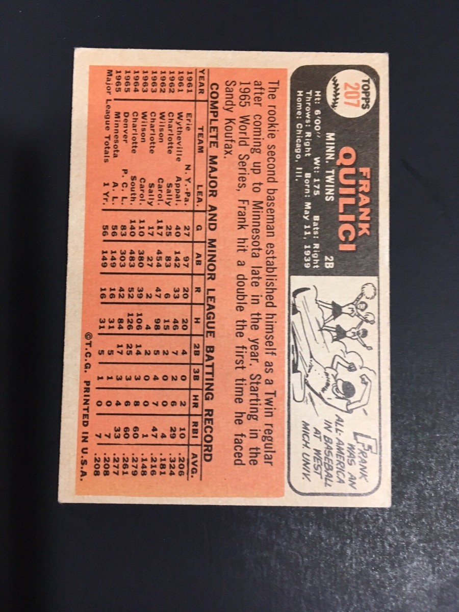 Chiro923ページ‼️ 1966 TOPPS FRANK QUILICI, #207, NM (Free Shipping On Any 3!) | eBay