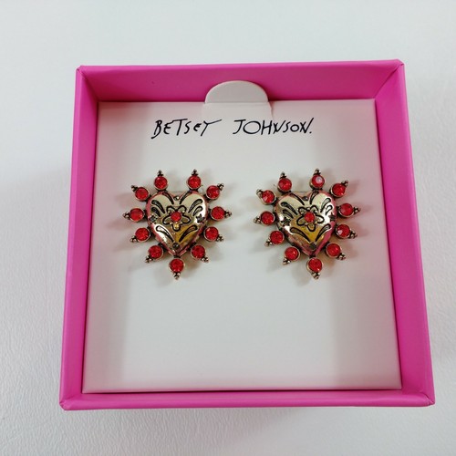 Betsey Johnson Red Crystal Heart Gold Tone Earrings