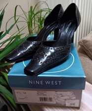 NINE WEST PRETTYO Black Leather Stacked Heel Shoes Pumps - Size 6.5 w BOX!