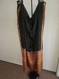 New RITU KUMAR Style Black Rust Pure Gold Zari 100% Silk Wrap Dupatta Shawl 94"