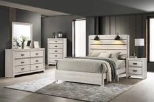 White Cream Rustic Finish 6pc King Size Bed Set Wooden Bedroom Furniture Wood