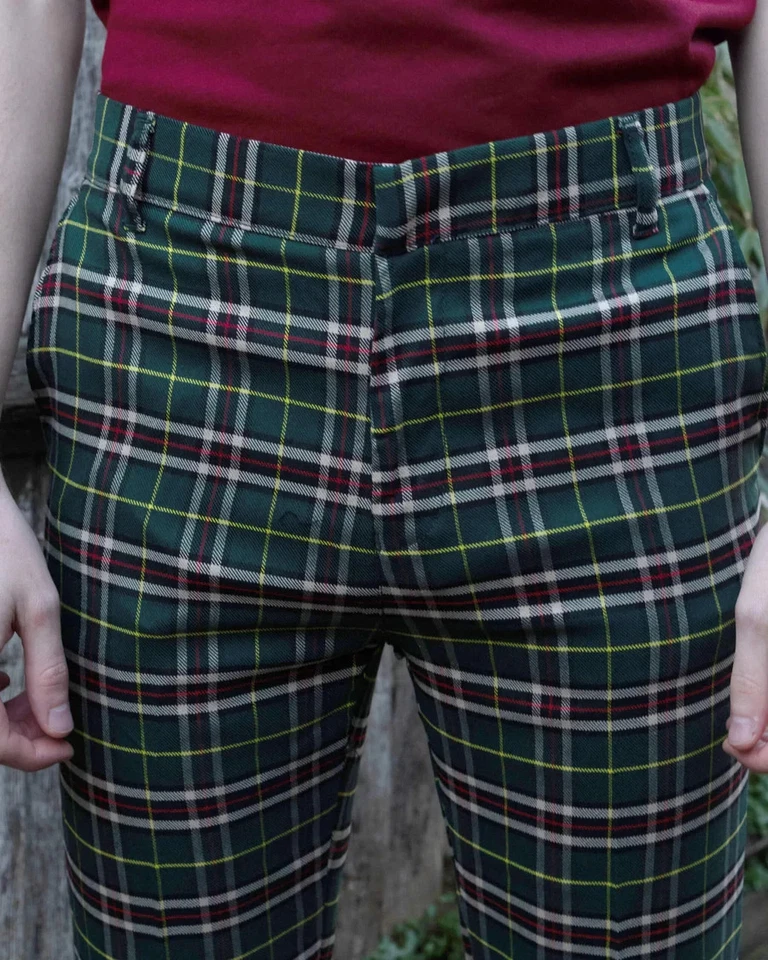 Pantalon À Pattes D'Éléphant Tartan Vert Style Années 70 - Photo 4/4