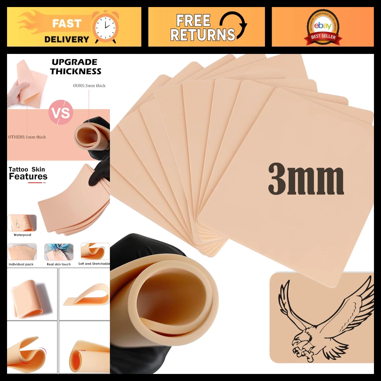 10Pcs Double-Sided Tattoo Practice Skin, 3MM Fake Skin for Tattoo Artists - product detail image 1