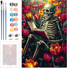 Skull Paint by Numbers Kit for Adults Beginners with Frame, Halloween Flower Adu